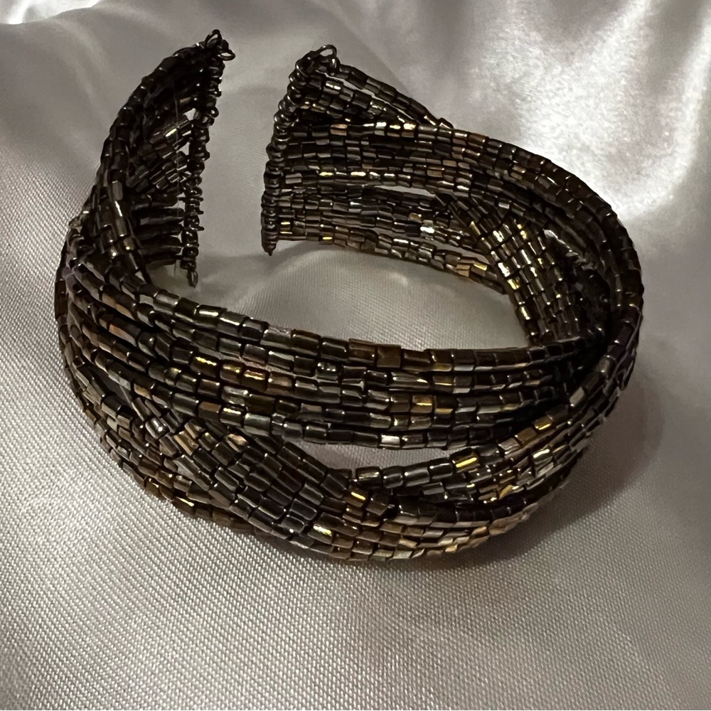 Gunmetal and bronze braided memory wire cuff bracelet